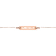 Load image into Gallery viewer, The Tamarind Man's Jam Camellia Engraved Silver Bar Chain Bracelet