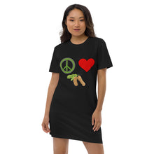 Load image into Gallery viewer, The Tamarind Man's Jam Peace Love Tamarind Patches Organic cotton t-shirt dress