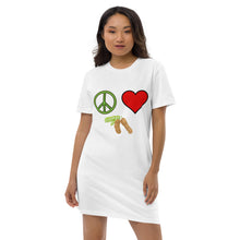 Load image into Gallery viewer, The Tamarind Man's Jam Peace Love Tamarind Patches Organic cotton t-shirt dress
