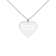 Load image into Gallery viewer, The Tamarind Man&#39;s Jam Peacock Princess Engraved Silver Heart Necklace
