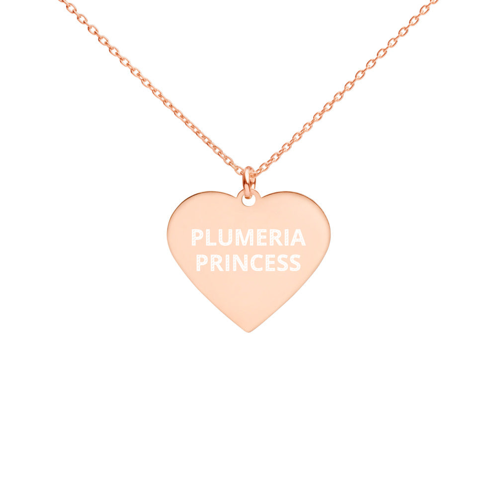 The Tamarind Man's Jam Plumeria Princess Engraved Silver Heart Necklace