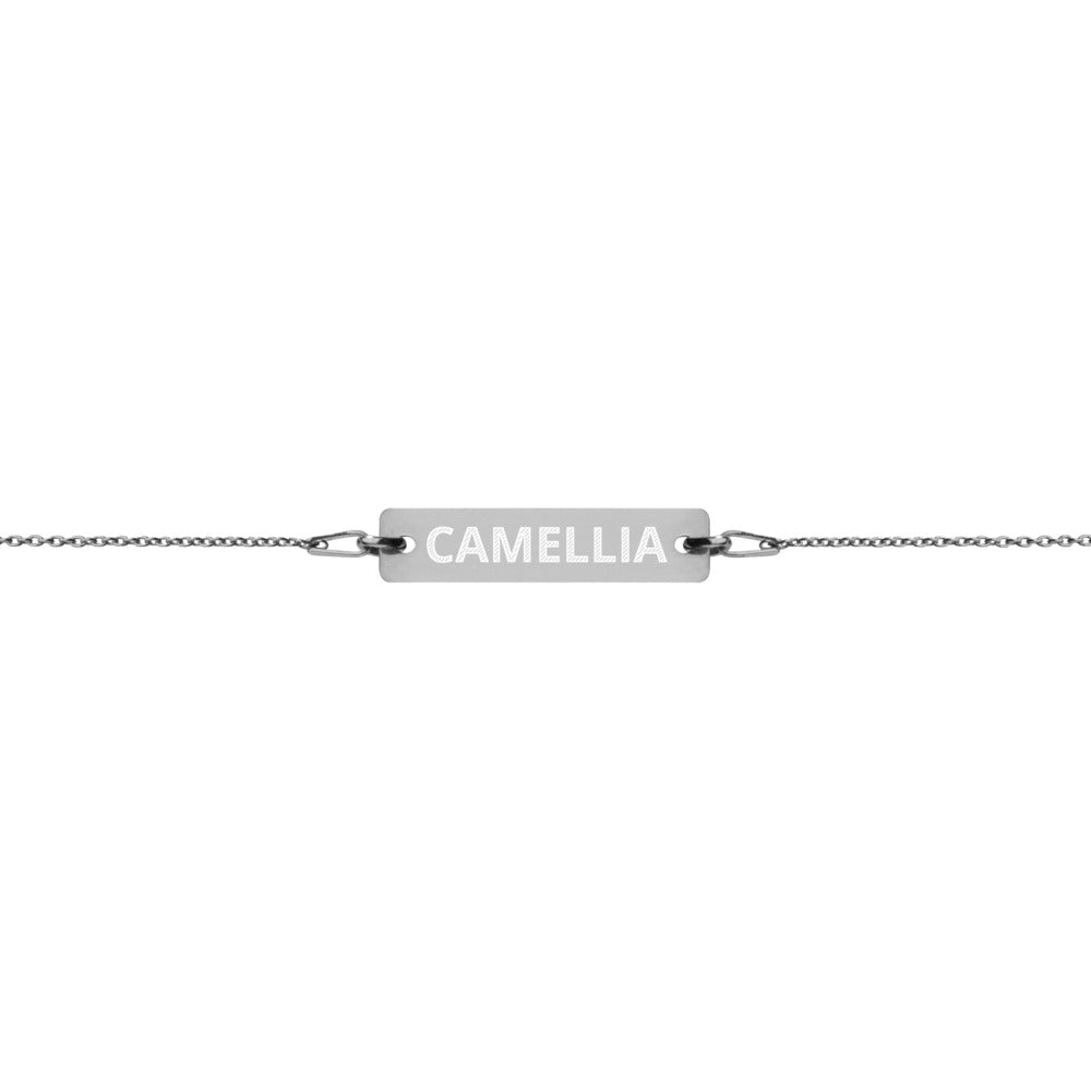 The Tamarind Man's Jam Camellia Engraved Silver Bar Chain Bracelet