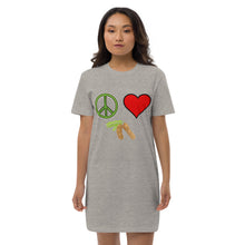 Load image into Gallery viewer, The Tamarind Man's Jam Peace Love Tamarind Patches Organic cotton t-shirt dress

