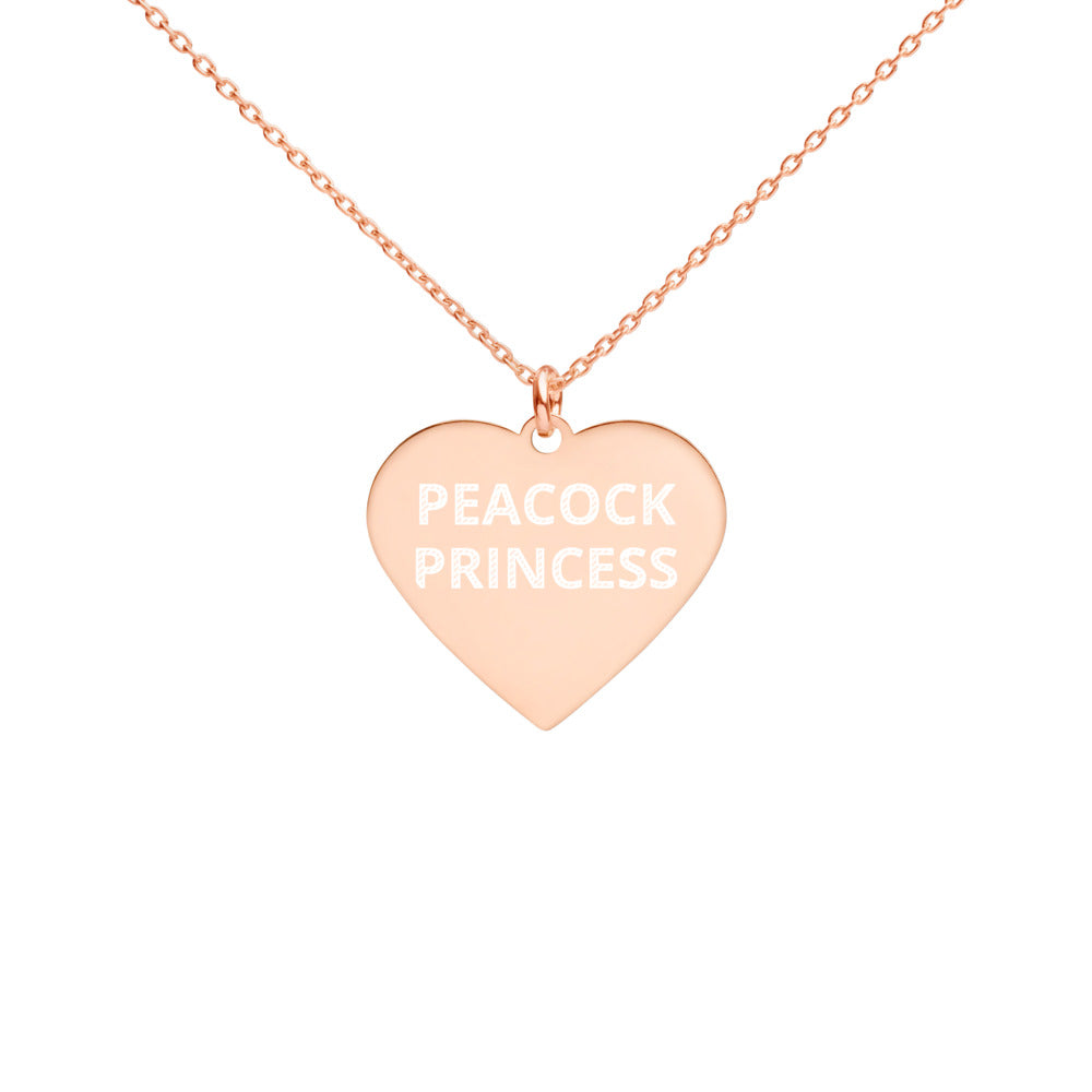 The Tamarind Man's Jam Peacock Princess Engraved Silver Heart Necklace